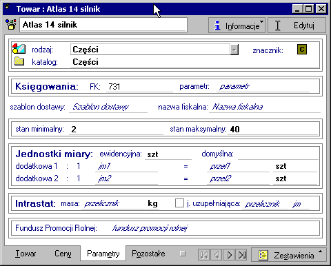 3 8 Podręcznik użytkownika Handel Rys. 3-5 Towar typu artykuł - strona zawierająca parametry towaru.