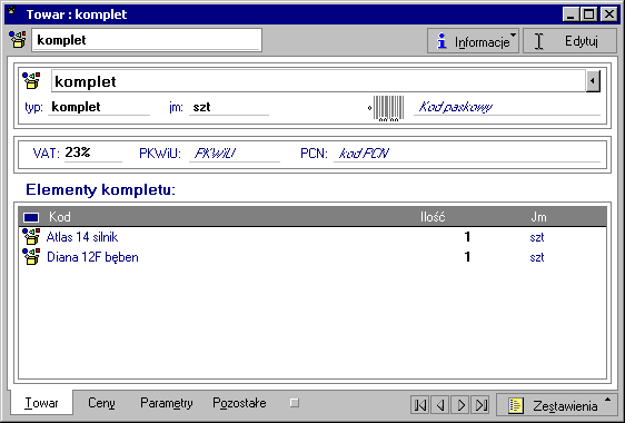 3 10 Podręcznik użytkownika Handel Rys. 3-7 Towar typu komplet, strona Towar.