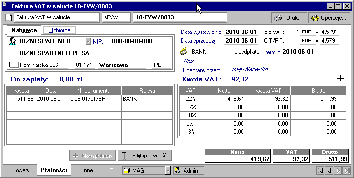 3 28 Podręcznik użytkownika Handel Rys. 3-23 Dokument zakupu zawierający towar, który nie podlega VAT.