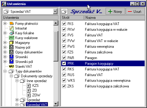 Administracja 4 19 Typy dokumentów Rys. 4-17 Ustalanie stawek VAT. Okno to pozwala na wprowadzanie nowych typów dokumentów oraz modyfikowanie i uaktywnianie typów wprowadzonych wcześniej.