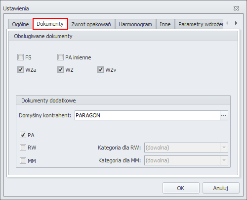 8.1.1.2 Dokumenty Opcje znajdujące się w tym oknie umożliwiają uwzględnianie opakowań zwrotnych dla dokumentów takich jak FS, WZa, WZ, WZv, RW, MM, PA, PA imienne.