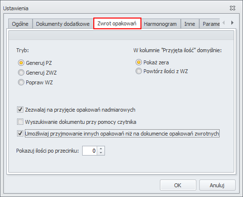 8.1.1.3 Zwrot opakowań Opcje w tym oknie pozwalają zmienić: Tryb jest to możliwość wyboru, który dokument ma być tworzony podczas zwrotu opakowań, możliwe opcje to: o Generuj PZ, o Generuj ZWZ, o
