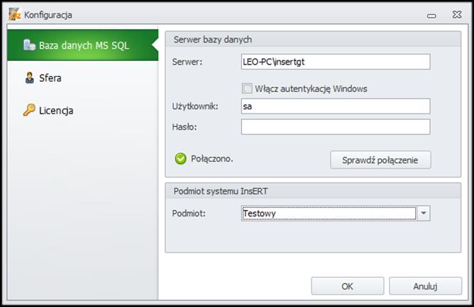 8.1.2 Konfiguracja W oknie ustawień Konfiguracja można kolejno zmienić ustawienia dotyczące połączenia z bazą danych MS SQL, użytkownika Sfery systemu InsERT oraz zmianę