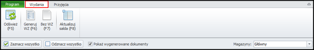 8.2 Zakładka Wydania Opcje na tej zakładce pozwalają na generowanie dokumentów WZ dla opakowań zwrotnych oraz aktualizację sald.