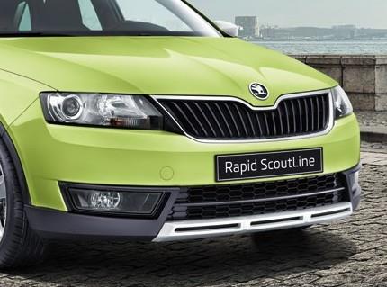 ŠKODA RAPID SPACEBACK SCOUTLINE Obręcze kół ze stopów lekkich Rock 16 (standard) Obręcze kół ze stopów lekkich Camelot 17 (opcja) Spoiler przedniego zderzaka w ekskluzywnej dwubarwnej kolorystyce o