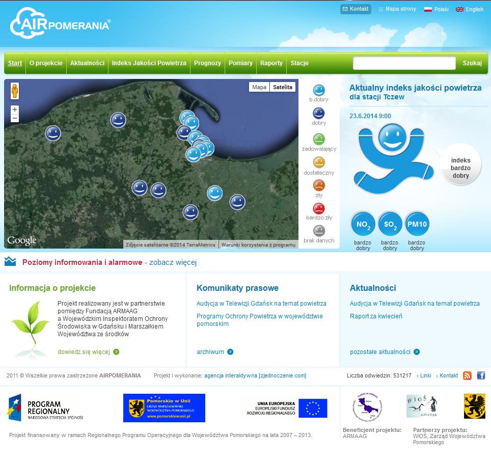 6. Indeks jakości powietrza Ryc.113. Indeks pomiarowy na stronie AIRPOMERANII W roku 2013 indeks jakości powietrza przez przeważającą część roku był bardzo dobry bądź dobry.