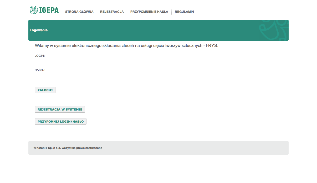 I. MENU STRONY GŁÓWNEJ / PANEL LOGOWANIA Dostęp do programu I-RYS jest możliwy za pośrednictwem strony internetowej Igepa Polska http://www.igepa.