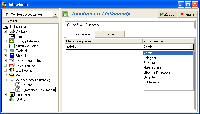 Współpraca z innymi programami Symfonii 5 15 Rys. 5-18 Okno Ustawienia programu Mała Księgowość powiązania użytkowników z programem e- Dokumenty 10. Wciśnij przycisk, aby zamknąć okno. 11.
