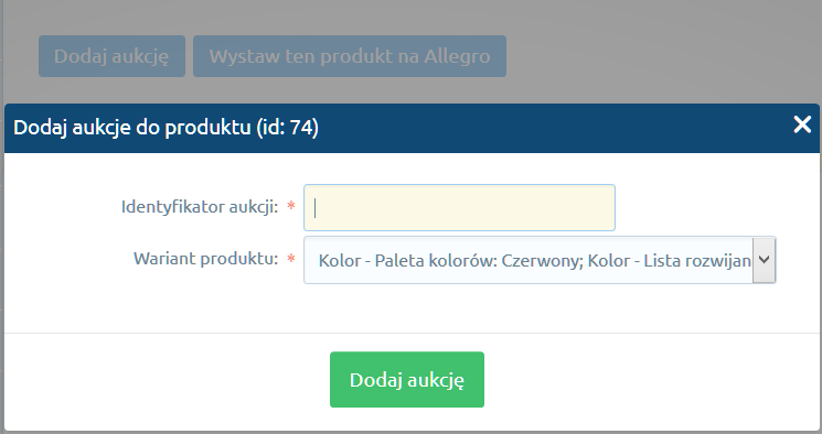 Obsługa wariantów Jeżeli klient korzysta z wariantów produktów ze stanem magazynowym i dana aukcja zostanie połączona z odpowiednim wariantem produktu taka aukcja będzie też monitorowana.