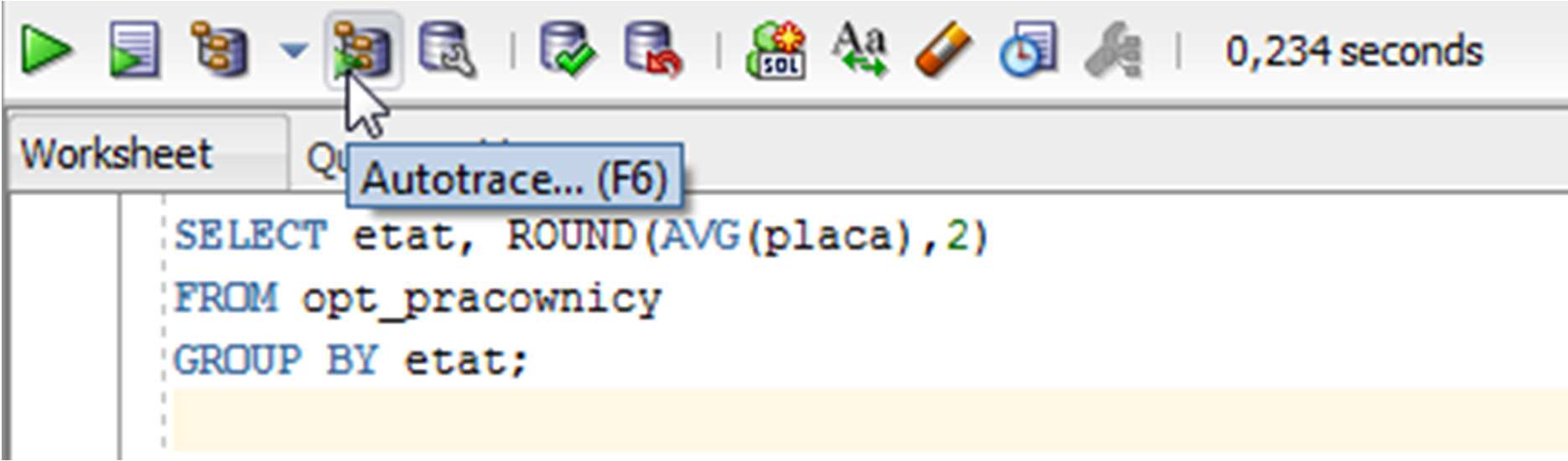 Optymalizacja poleceń SQL 9 4. Aby narzędzie prezentowało zarówno plan wykonania, jak i statystyki wykonania polecenia SQL, należy posłużyć się trzecią formą dyrektywy AUTOTRACE.
