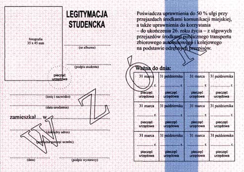 Wzór nr 15 do 16 i 17 WZÓR LEGITYMACJI STUDENCKIEJ strony wewnętrzne strona 1 strona 2 Opis: 1) format po złożeniu A7 (74 mm x 105 mm); 2) strony wewnętrzne legitymacji wykonane na papierze