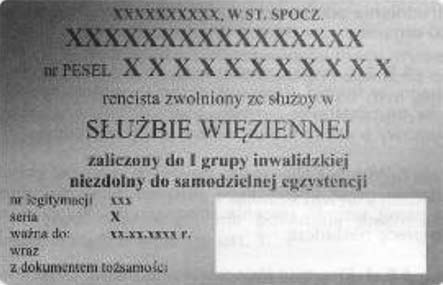 Wzór nr 40 do 21 i 23 WZÓR LEGITYMACJI EMERYTA/RENCISTY POLICYJNEGO (zwolnionego ze Służby Więziennej) Strona 1 Strona 2 Opis dokumentu: 1) legitymacja o wymiarach 55 mm na 85 mm, o krawędziach