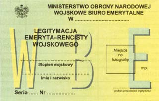 Wzór nr 43 do 21 i 23 WZÓR LEGITYMACJI EMERYTA RENCISTY WOJSKOWEGO Legitymacja o wymiarach 55 mm x 85 mm, oprawa twarda, materiał karton, dwustronnie foliowana Strona 1 Tło legitymacji w kolorze