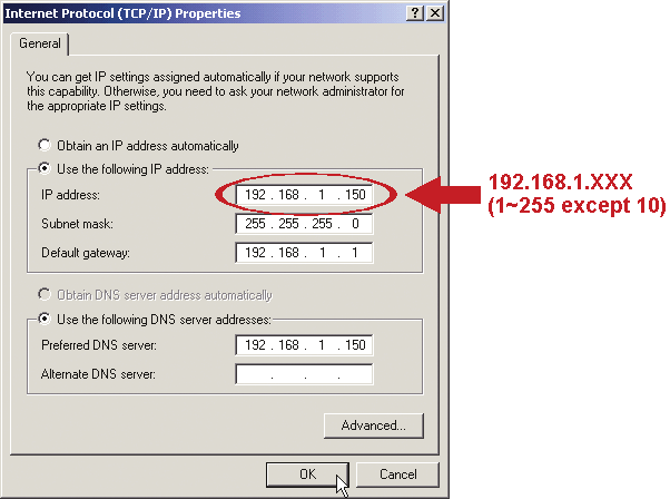 d) W zakładce General (ogólne), wybrać Use the following IP address (zastosować następujący adres IP) i ustawić adres jak opisano poniżej.