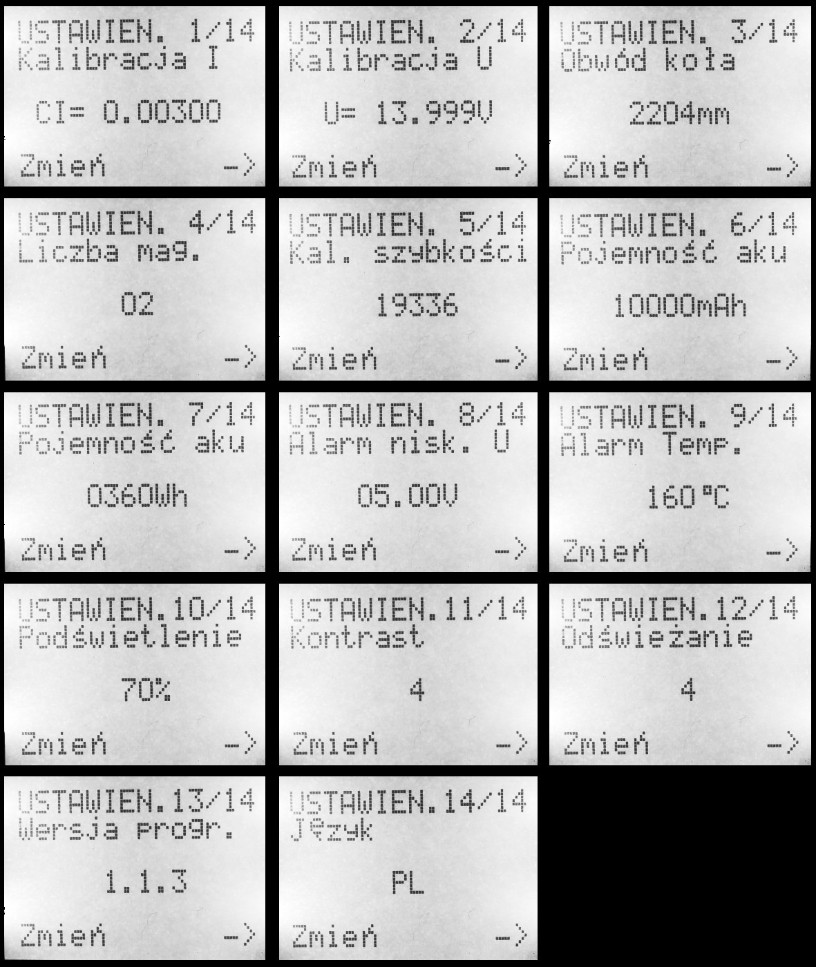 2.2 Menu ustawień Żeby wejść w menu ustawień przyciskamy równocześnie P1 i P2 na 2 sekundy. Menu ustawień składa się z 14 ekranów, które przełączamy przyciskiem P2.