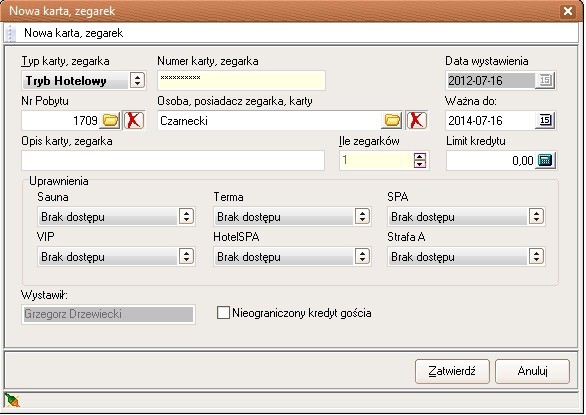 Rysunek 4: Przypisywanie karty Podczas przypisywania możemy zmienić ręczenie gościowi limit kredytu jak i nadać uprawnienia jeśli są inne niż przypisane domyślnie do pobytu, gościa.