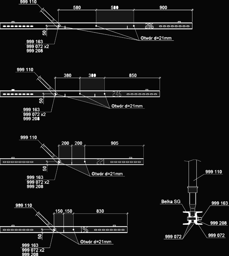 Rodzaje połączeń w systemie wspornikowym SG 7) Belki SG o długości 196, 221, 246, i 296 posiadają dodatkowe otwory pozwalające na montaż podpory SG.