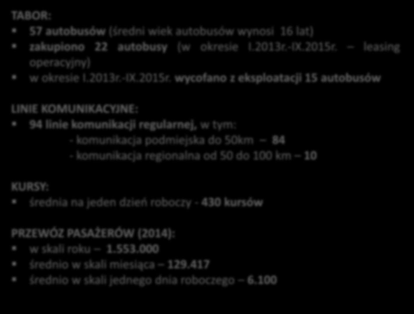 PKS w Kluczborku PKS spółka z o.o. dzisiaj to przede wszystkim: TABOR: 57 autobusów (średni wiek autobusów wynosi 16 lat) zakupiono 22 autobusy (w okresie I.2013r.-IX.2015r.