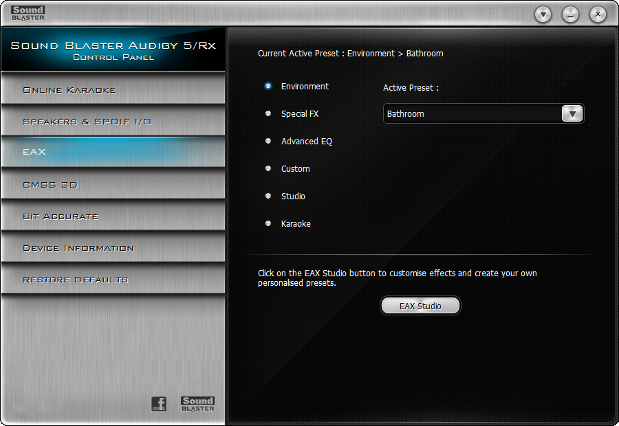 Ustawienia EAX Karta EAX pozwala: Uruchomić aplikację Sound Blaster Audigy 5/Rx EAX Studio.