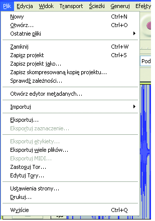 20 Etykiety uruchamia okno wyboru pliku, w którym można wybrać import pojedynczego pliku tekstowego do projektu, pod warunkiem, że zawiera on oznaczone punkty lub etykiety, MIDI importuje pliki MIDI,