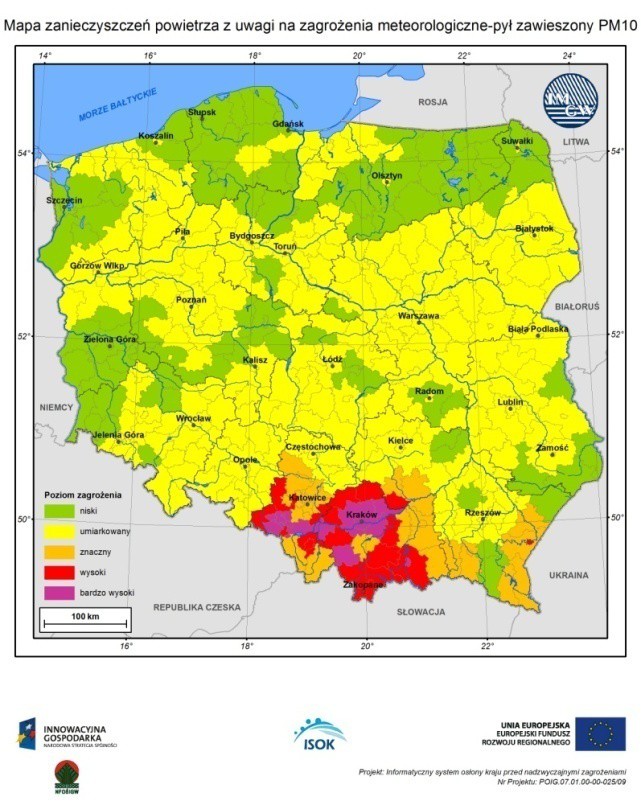 Mapy statyczne pył zawieszony PM10, ozon przyziemny O3 Poziom zagrożenia