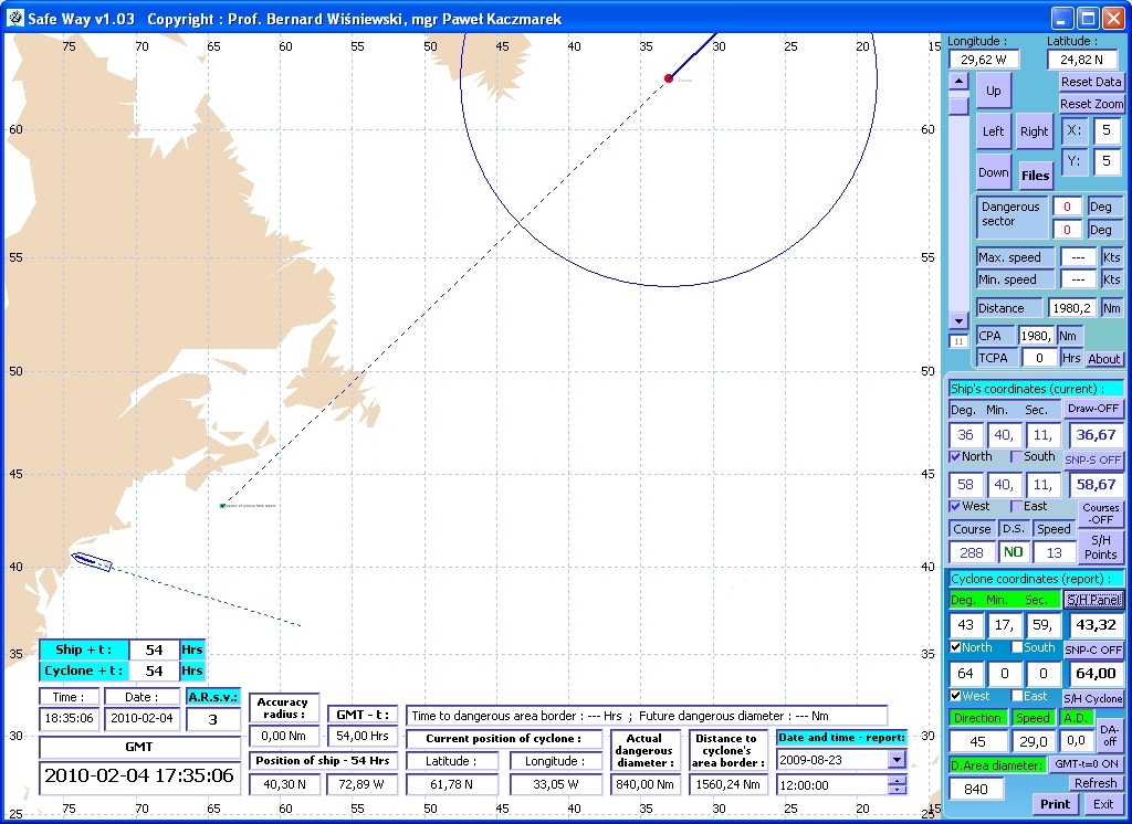 Rys. 14. Graficzny obraz testowania z dnia 23.08.2009 dla prognozowanych na 12 godz. pozycji statku i cyklonu Rys. 15.