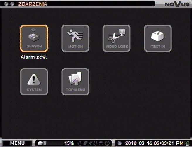 NDR-EA3104M Instrukcja obsługi wer. 1.0 MENU REJESTRATORA 3.6. ZDARZENIA W menu ZDARZENIA znajduje się pięć pod-menu dotyczących ustawień zdarzeń.