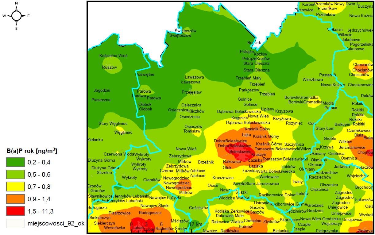 ROZKŁD ŚREDNIOROCZNYCH STĘŻEŃ B(a)P W PYLE ZWIESZONYM PM10 N PODSTWIE MODELOWNI POWIT BOLESŁWIECKI 2015 ROK WRTOŚĆ DOPUSZCZLN Od 2013