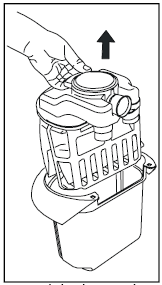 Pārbaudīt, vai pareizi ievietots maisiņš SAFBAG un ieplūdes filtrs (skat. «ieplūdes filtra nomaiņa»). - Ievietot iekšējā moduļa mezglu tvertnē un aizvērt vāku.