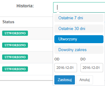 4.2 Lista zadań Widok tabeli domyślnie sortuje listę od ostatnio dodanych kontenerów. Jeśli chcesz zmienić zakres wyświetlanych danych, zmień ustawienia historii.