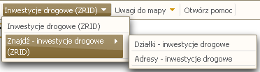 Użytkownik może także z pozycji menu znaleźć i inwestycje drogowe, w tym celu wybiera z menu: Wybierając Adresy- inwestycje drogowe lub Działki-