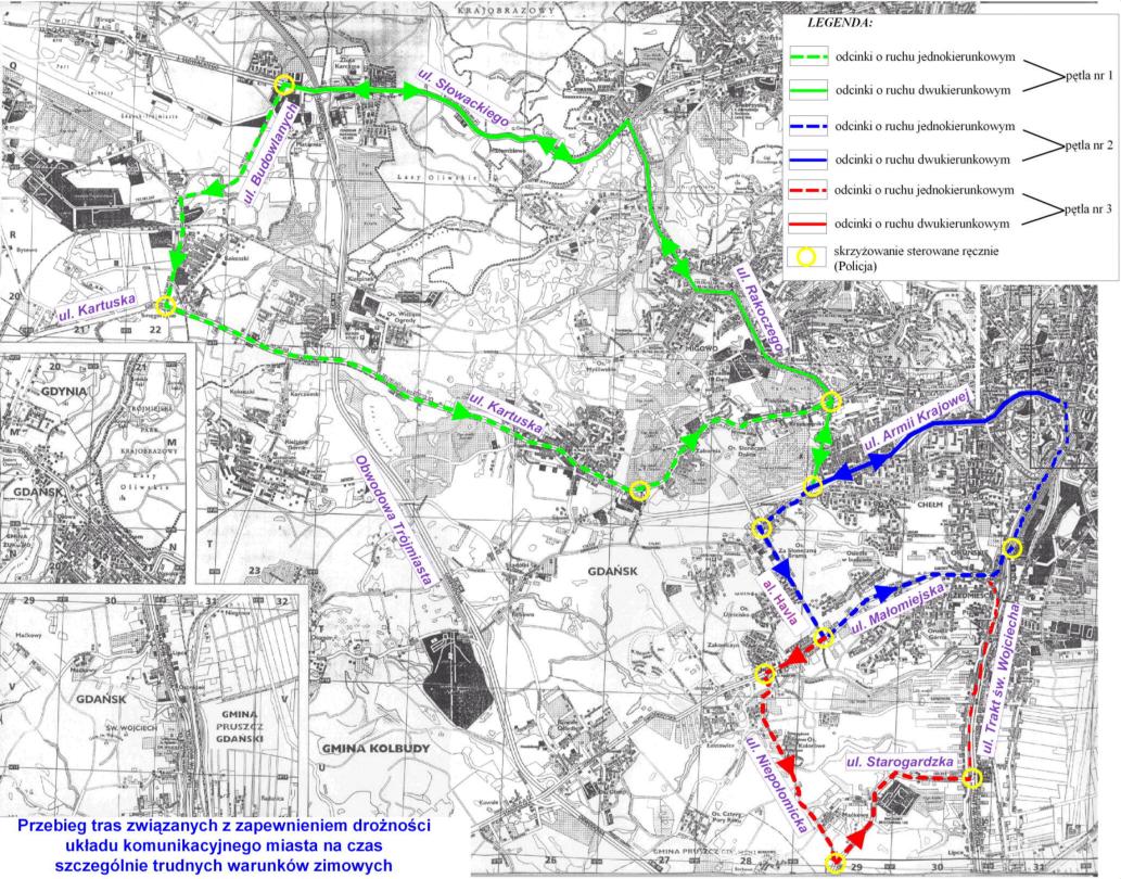 Układ tras zapewniający drożność układu komunikacyjnego Gdańska na czas szczególnie trudnych warunków zimowych: W przypadku wystąpienia bardzo trudnych warunków zimowych, zagrażających przerwaniu