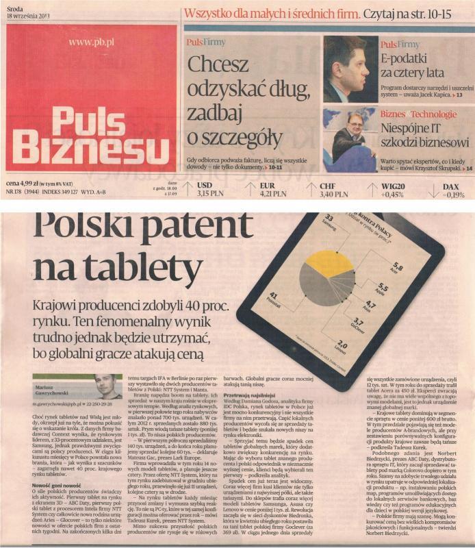Puls Biznesu Polski patent na tablety Krajowi producenci zdobyli 40 proc. rynku. Ten fenomenalny wynik będzie trudno jednak utrzymać bo globalni gracze atakują ceną.