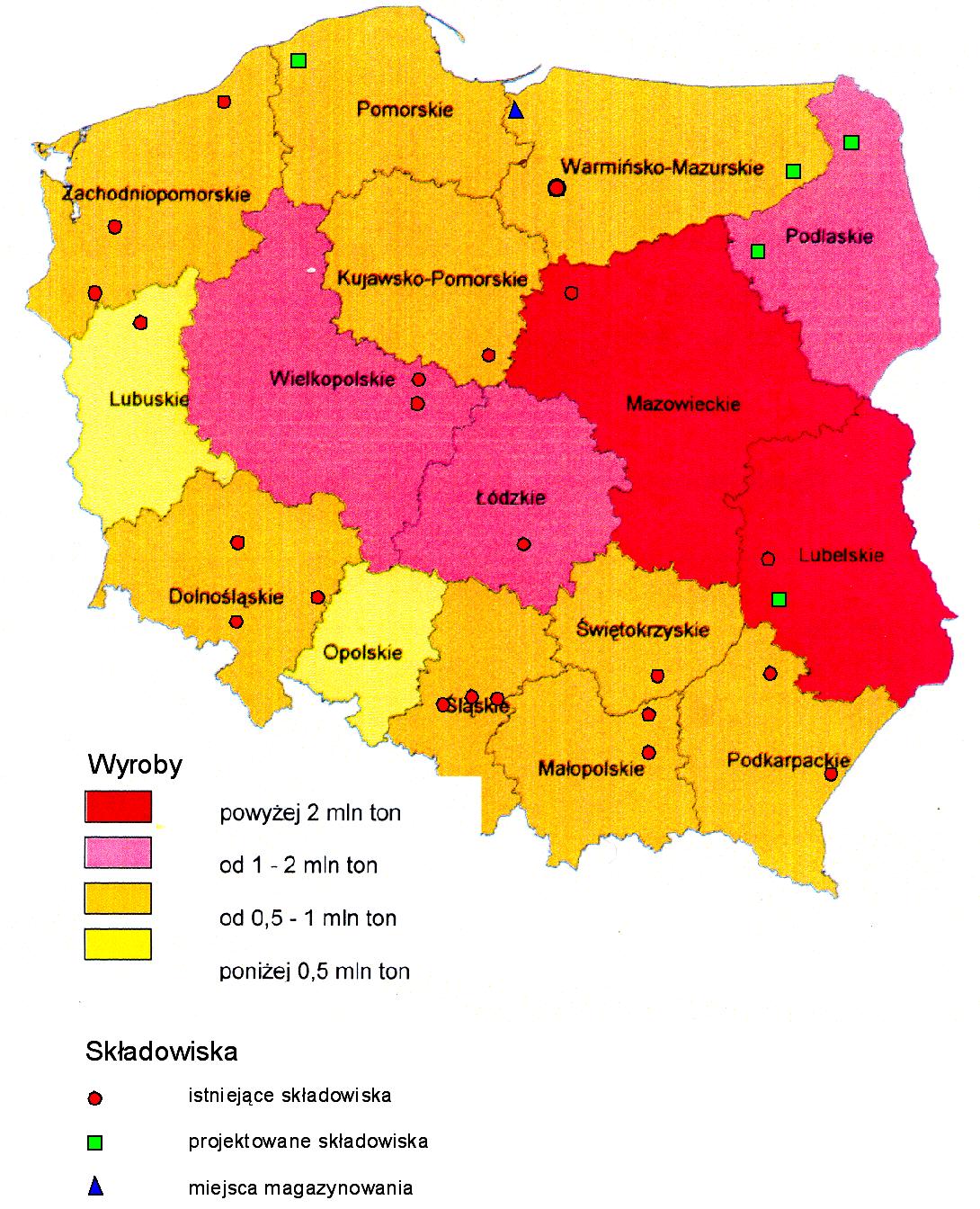 ZAŁĄCZNIK NR 6 Rozmieszczenie składowisk odpadów zawierających azbest 1 na terenie Polski Rozmieszczenie aktualnie czynnych i projektowanych do realizacji w najbliższych latach składowisk dla odpadów