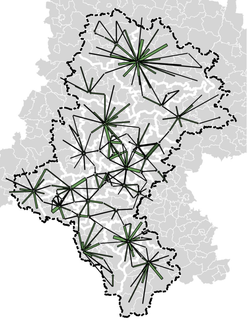 Suma wszystkich osób przyjeżdzających do pracy wskazuje, że zdecydowanie najwięcej osób przyjeżdża do pracy do Katowic (96,4 tys.).