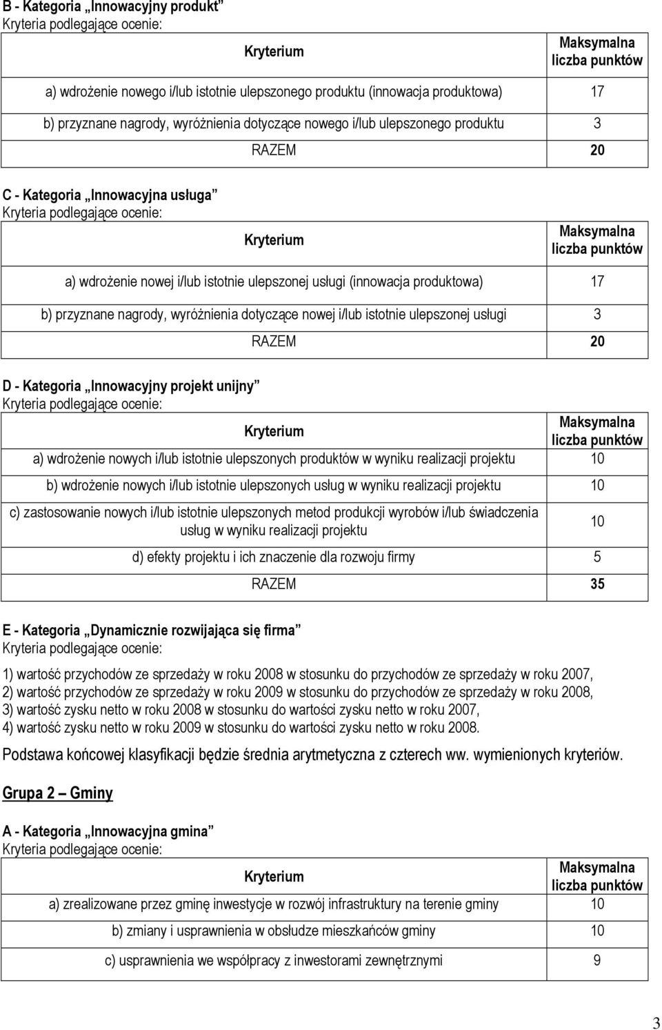 Kategoria Innowacyjny projekt unijny a) wdroŝenie nowych i/lub istotnie ulepszonych produktów w wyniku realizacji projektu 10 b) wdroŝenie nowych i/lub istotnie ulepszonych usług w wyniku realizacji