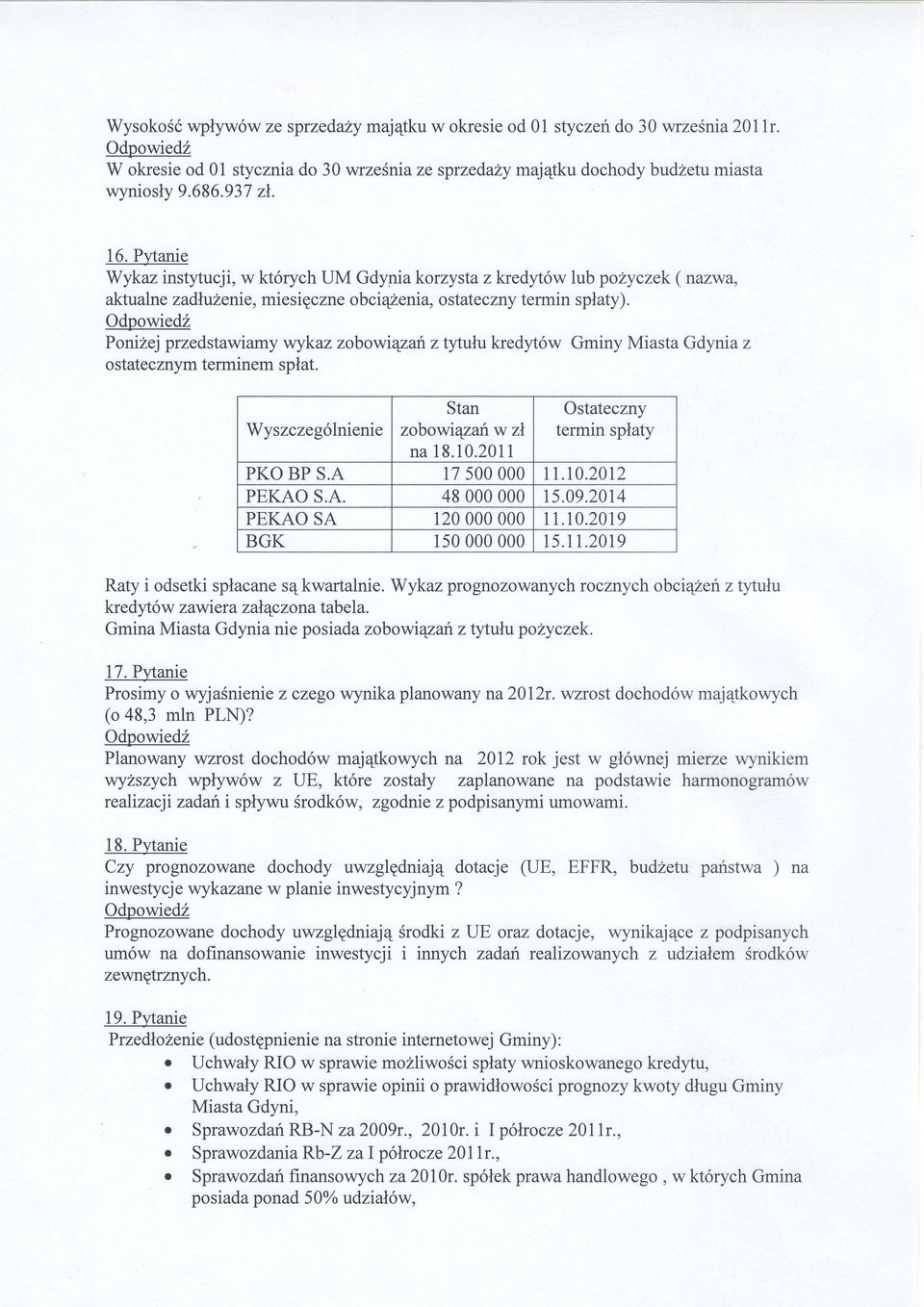 Odpwied2 PniZej przedtwimy v,rykzzbwirynztytuukredy'tw Gminy Mit Gdyniz ttecznym terminem plt. Wyzczeglnienie Stn zbwiqznw zl n 18.10.2011 17 00 Otteczny termin plty PKO BP S. 000 n.t0.2012 PEKO S.