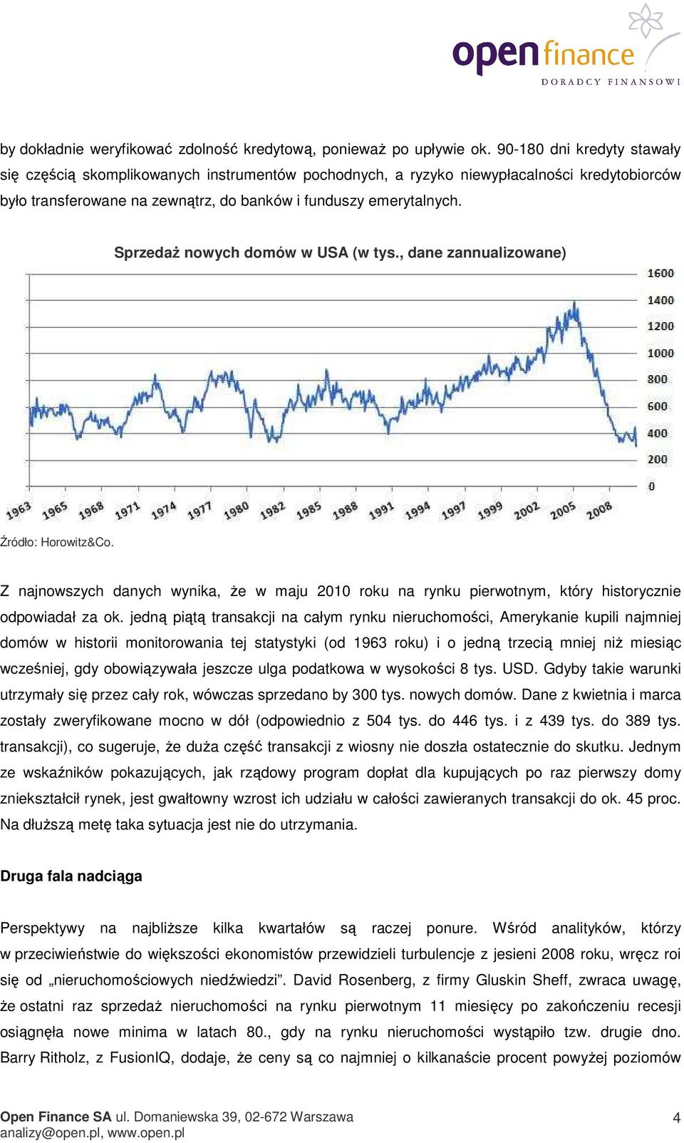 Sprzedaż nowych domów w USA (w tys., dane zannualizowane) Źródło: Horowitz&Co. Z najnowszych danych wynika, że w maju 2010 roku na rynku pierwotnym, który historycznie odpowiadał za ok.