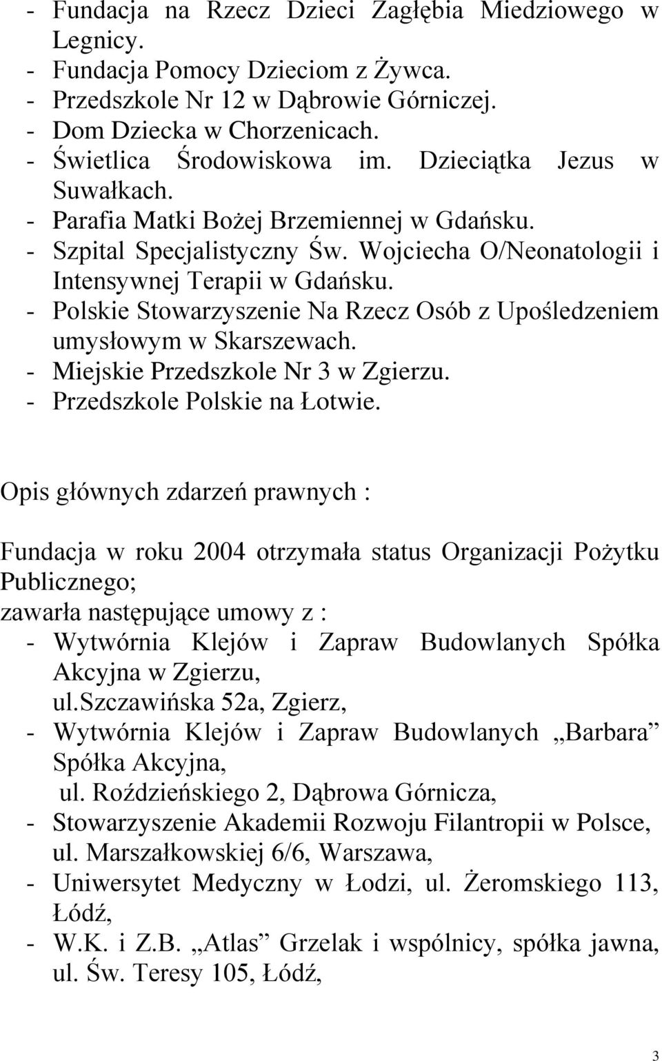 - Polskie Stowarzyszenie Na Rzecz Osób z Upośledzeniem umysłowym w Skarszewach. - Miejskie Przedszkole Nr 3 w Zgierzu. - Przedszkole Polskie na Łotwie.