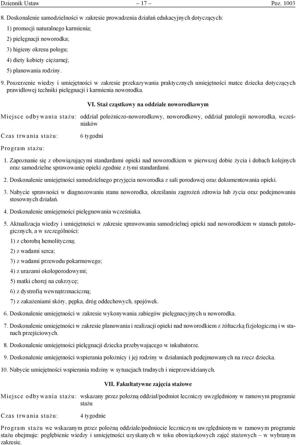 5) planowania rodziny. 9. Poszerzenie wiedzy i umiejętności w zakresie przekazywania praktycznych umiejętności matce dziecka dotyczących prawidłowej techniki pielęgnacji i karmienia noworodka. VI.