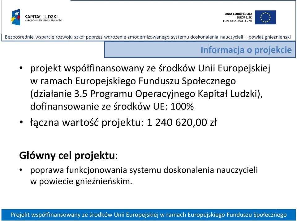 5 Programu Operacyjnego Kapitał Ludzki), dofinansowanie ze środków UE: 100% łączna