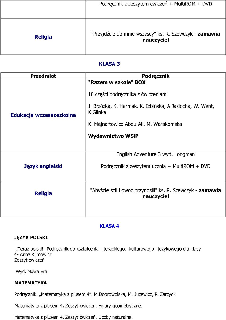 Longman Język angielski Podręcznik z zeszytem ucznia + MultiROM + DVD Religia "Abyście szli i owoc przynosili" ks. R. Szewczyk - zamawia nauczyciel KLASA 4 JĘZYK POLSKI Teraz polski!