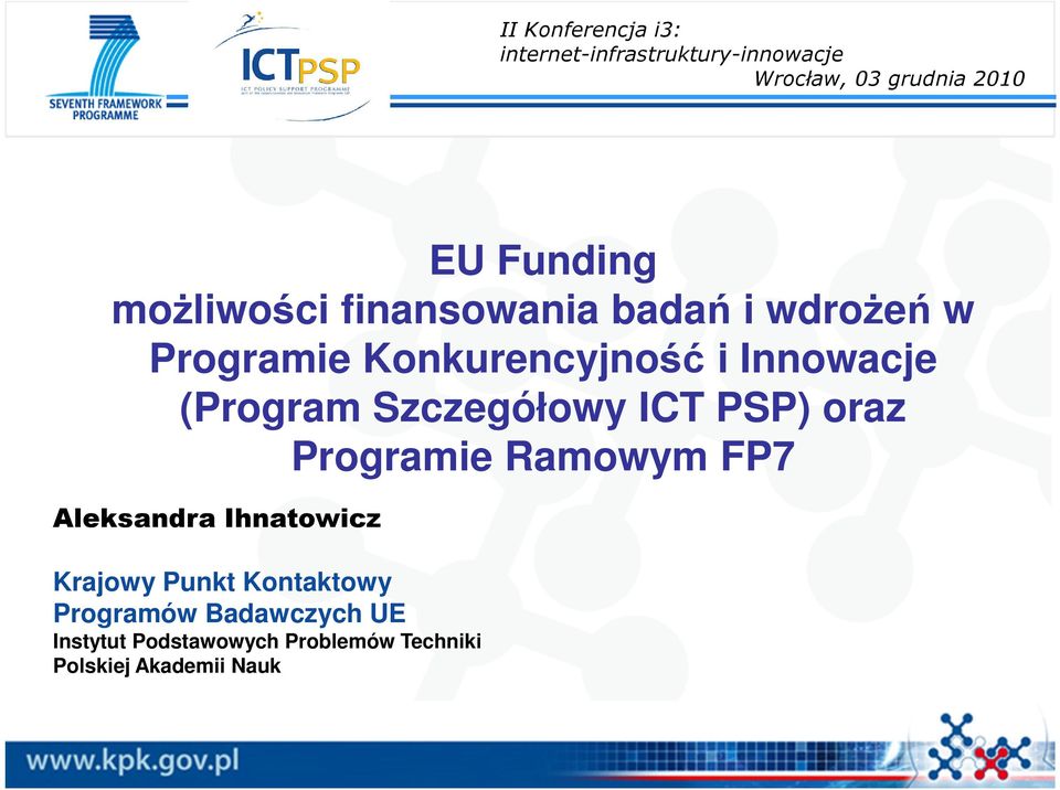 Szczegółowy ICT PSP) oraz Programie Ramowym FP7 Aleksandra Ihnatowicz Krajowy Punkt