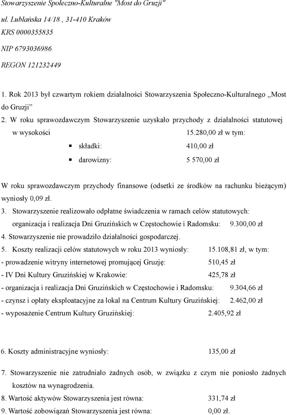 280,00 zł w tym: składki: 410,00 zł darowizny: 5 570,00 zł W roku sprawozdawczym przychody finansowe (odsetki ze środków na rachunku bieżącym) wyniosły 0,09 zł. 3.