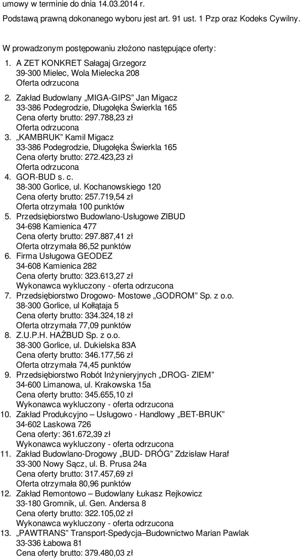 KAMBRUK Kamil Migacz Cena oferty brutto: 272.423,23 zł Oferta odrzucona 4. GOR-BUD s. c. 38-300 Gorlice, ul. Kochanowskiego 120 Cena oferty brutto: 257.719,54 zł Oferta otrzymała 100 punktów 5.