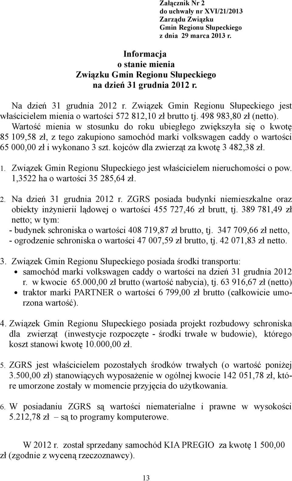 Wartość mienia w stosunku do roku ubiegłego zwiększyła się o kwotę 85 109,58 zł, z tego zakupiono samochód marki volkswagen caddy o wartości 65 000,00 zł i wykonano 3 szt.