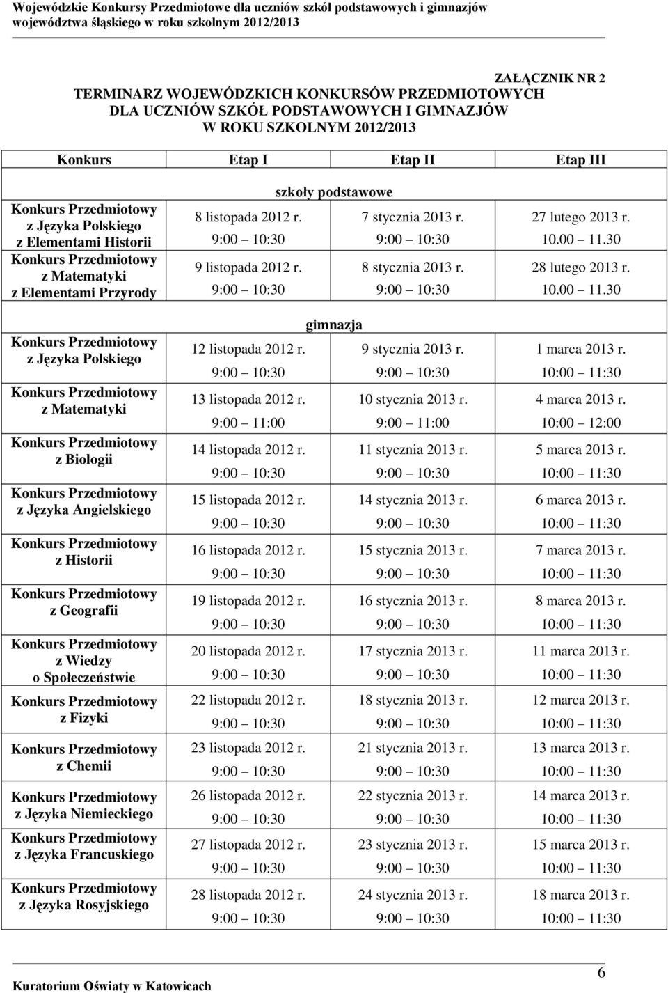 Języka Francuskiego z Języka Rosyjskiego szkoły podstawowe 8 listopada 2012 r. 7 stycznia 2013 r. 9 listopada 2012 r. 8 stycznia 2013 r. gimnazja 12 listopada 2012 r. 9 stycznia 2013 r.