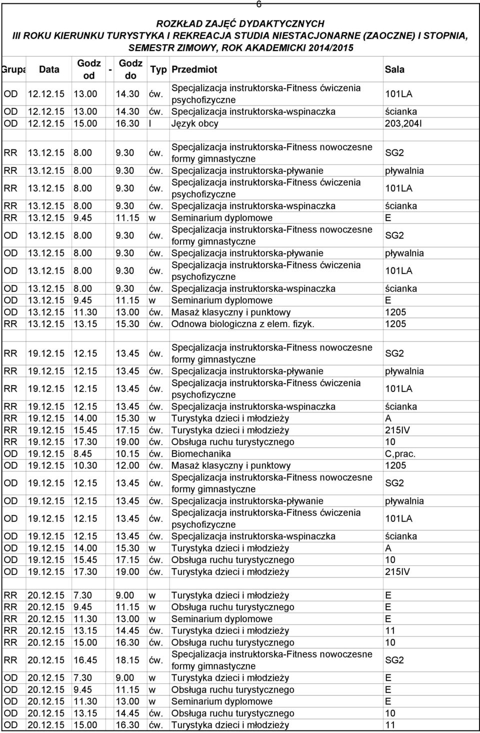 12.15 8.00 9.30 ćw. OD 13.12.15 8.00 9.30 ćw. Specjalizacja instruktorskawspinaczka ścianka OD 13.12.15 9.45 11.15 w Seminarium dyplomowe E OD 13.12.15 11.30 13.00 ćw.