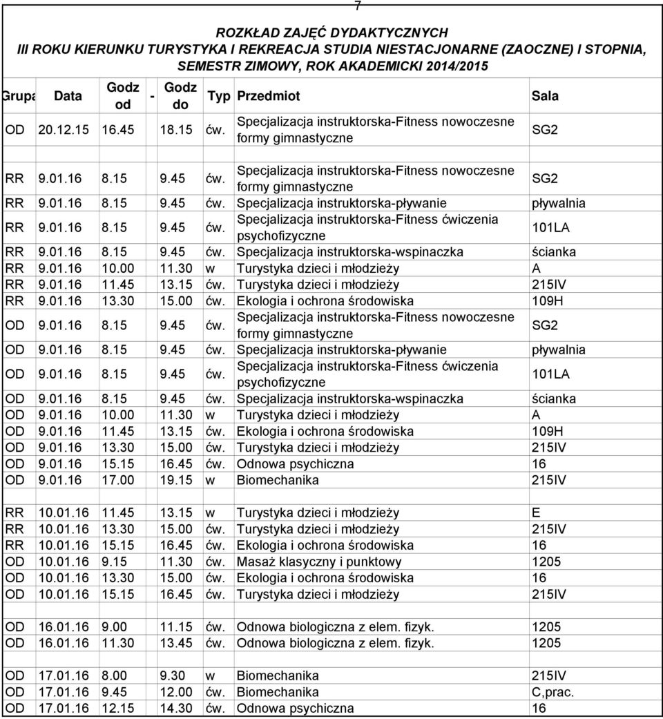 OD 9.01.16 8.15 9.45 ćw. Specjalizacja instruktorskapływanie pływalnia OD 9.01.16 8.15 9.45 ćw. OD 9.01.16 8.15 9.45 ćw. Specjalizacja instruktorskawspinaczka ścianka OD 9.01.16 10.00 11.