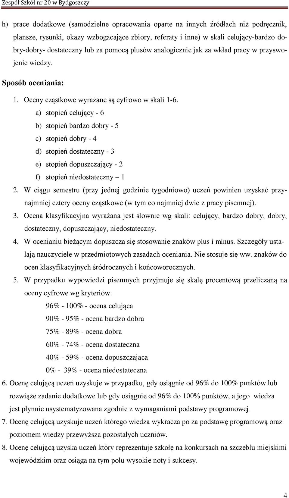 a) stopień celujący - 6 b) stopień bardzo dobry - 5 c) stopień dobry - 4 d) stopień dostateczny - 3 e) stopień dopuszczający - 2 f) stopień niedostateczny 1 2.